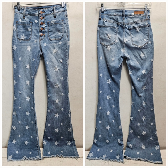 Angry Rabbit Star Struck High Rise Flare retro bell bottom style jeans size 25/1 - Picture 2 of 14